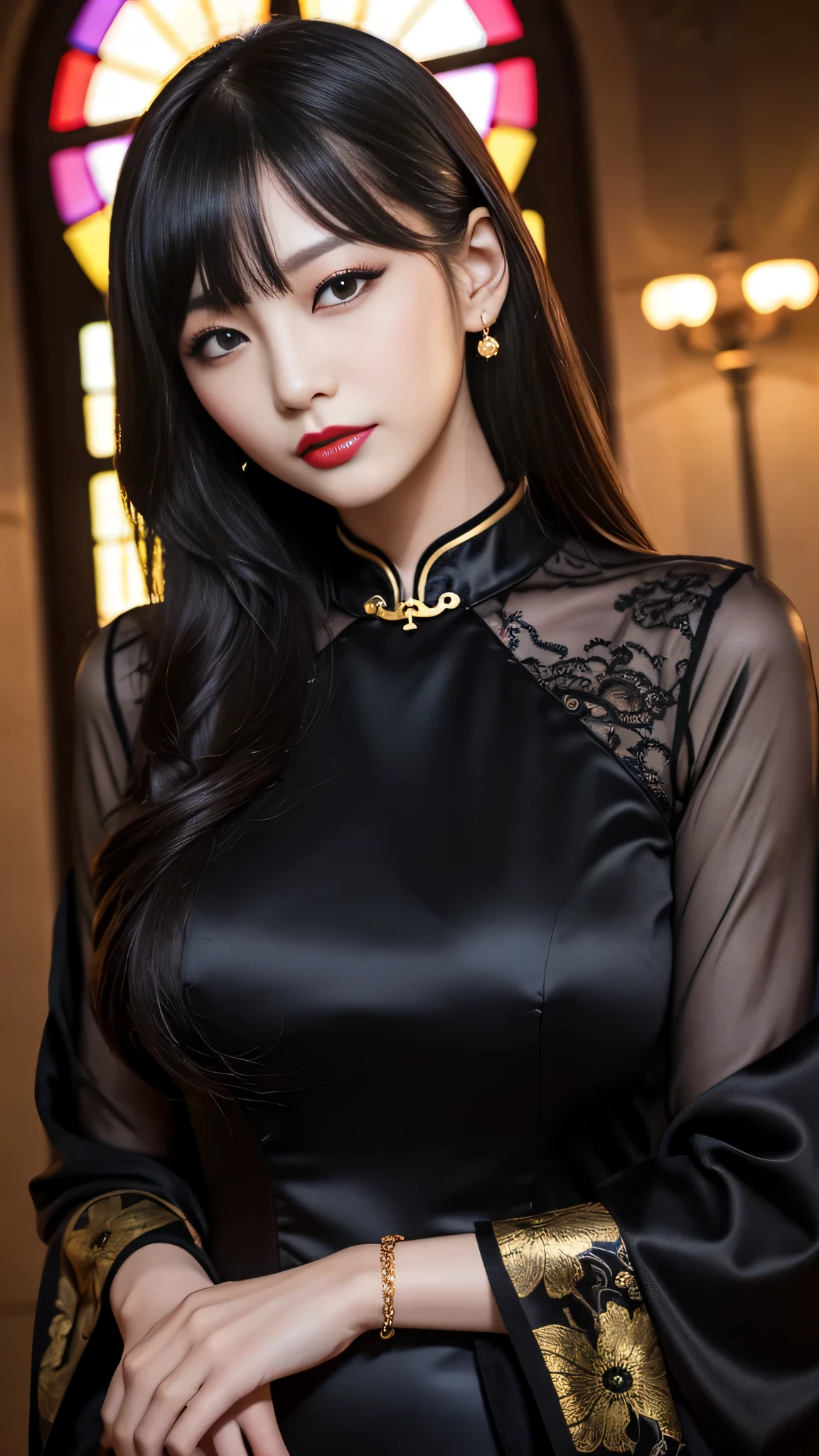 tra-detailed、Japanese、attractive beauty、seductive adult woman、pretty woman、piercing eyes、cool girl、wavy hair、swept bangs、Long Black and Gold Cheongsam、wide sleeves、Evil cadres、evil depravity、brainwash、mind control、lipstick、lip gloss、dark makeup、smirk、whisper in your ear、Evil expression、evil、hollow eyes,half-closed eyes、empty eyes、evil、church at night、vampire、succubus、vampire、Swear allegiance、y pose、bracelet