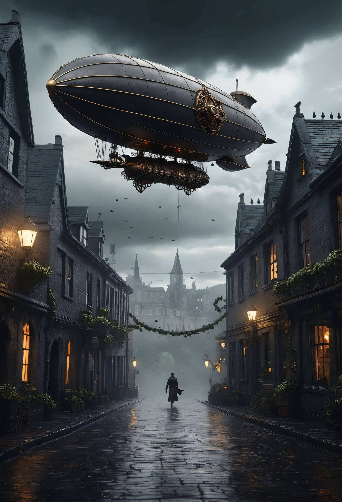A captivating 3D render of a massive, steampunk-inspired zeppelin soaring through a gloomy, overcast sky. The zeppelin is adorned with intricate gears and metalwork, and it casts a striking silhouette against the dark clouds. Below, a quaint, gothic-style cityscape with ivy-covered buildings and cobblestone streets is visible. In the foreground, a mystical creature with glowing eyes and an intimidating posture is perched on a stone wall, adding to the dark fantasy atmosphere. The overall ambiance is dramatic and cinematic, as if it were a scene from a blockbuster movie poster., architecture, wildlife photography, 3d render, cinematic, dark fantasy, poster