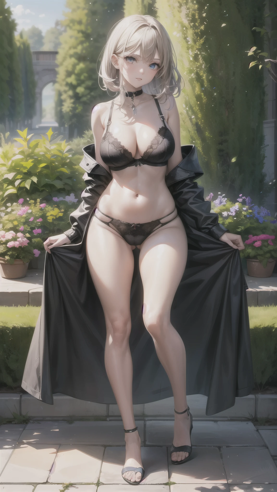 (Raw photo:1.2), (Photorealistic), Beautiful detailed girl, Very detailed eyes and face, Beautiful detailed eyes, Huge file size, High resolution, Very detailed, Best Quality, [masterpiece:1.6], Illustration, Very detailed, Fine detail, Best Quality, 32K Wallpaper, intricate details, in the garden, colorful flowers, beautiful young woman, short height, pixie cur hair, medium , low cut cotton pantiera, full body photo, cameltoe