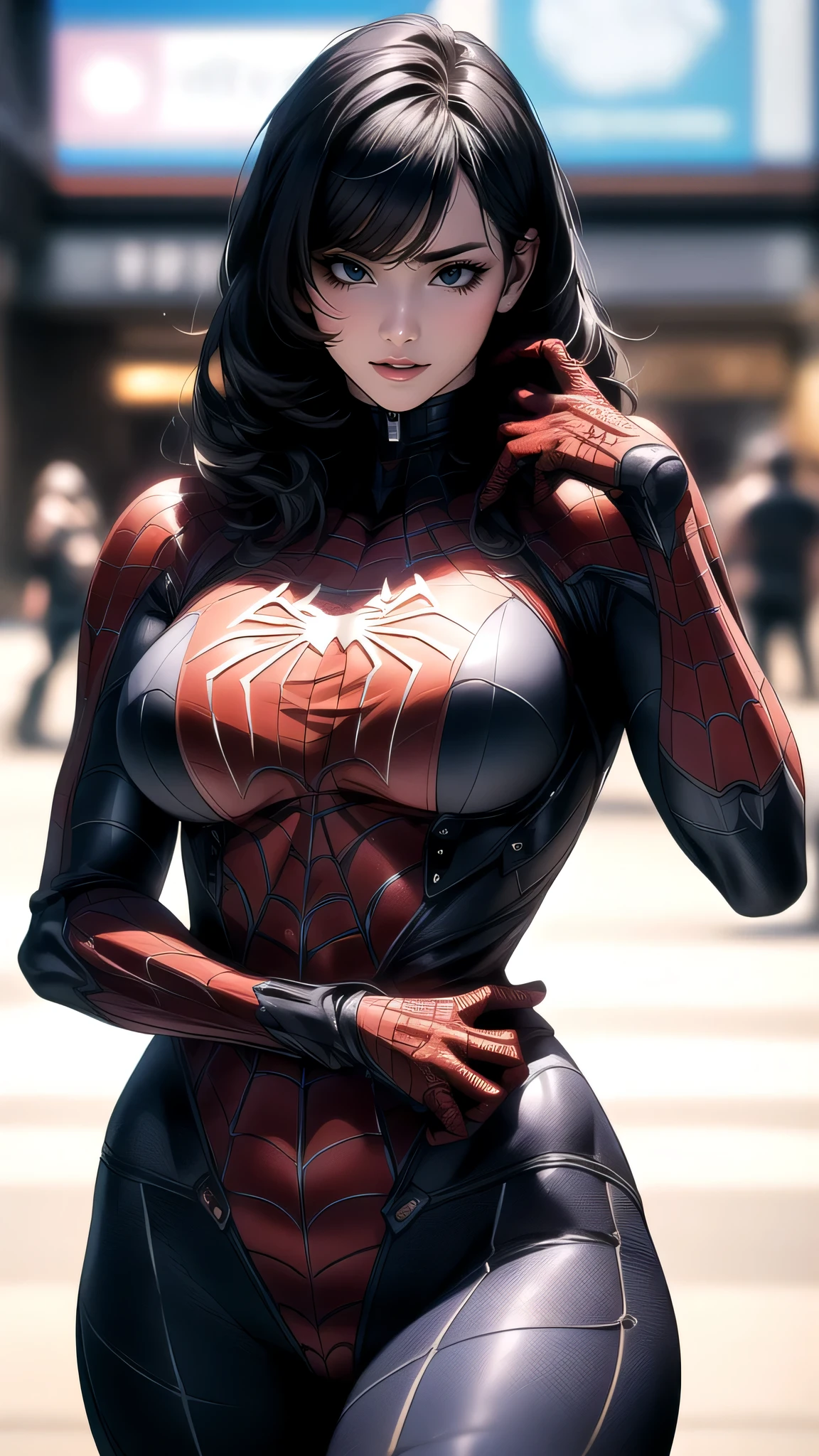 spiderman mecha armor,(random pose:1.2),(random hairstyle),(large breasts),(Highest image quality, (8K), Ultra-realistic, Best Quality, High quality, High Definition, high quality texture, high detailing, Beautiful detailed, fine detailed, extremely details CG, Detailed texture, realistic representation of face, masterpiece, presence),black pantyhose