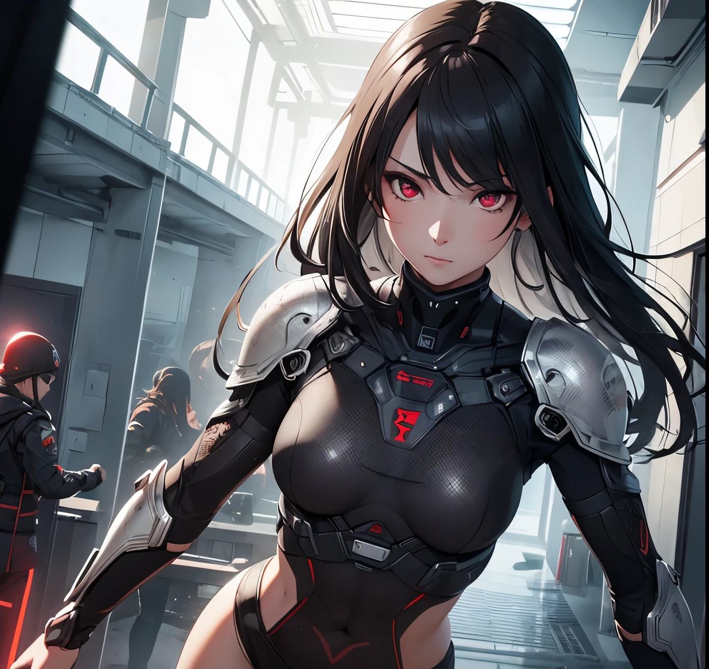 realistic, Beautiful detailed girl, combat suit, clear and beautiful, Personage as the main perspective, shiny_skin, girl,woman,female, young,19 years old, (long hair), bangs, black hair, (beautiful detailed Glass hair), long hair,beautiful detailed cold face, cold expression, complex details beautiful and delicate eyes, fingernails, medium_breasts, red  eyes, Authentic skin texture, gleaming skin,(racing bloomers:1.3),bloom,(line art:1.2),realistic illustration,(unreal engine),(GoPro),(insanely detailed),perfect shading,(digital art),(ray tracing),(intricate detailed),creative refinement,(dark atmosphere)