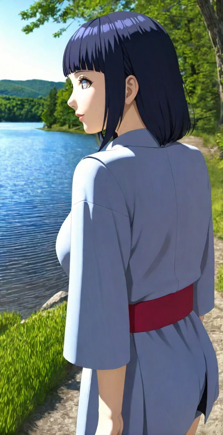 close-up from side, (30 years old adult-Hinata) walk next to lake, big ass, [enchanting, surreal, studio lighting, HDR, UHD, K]