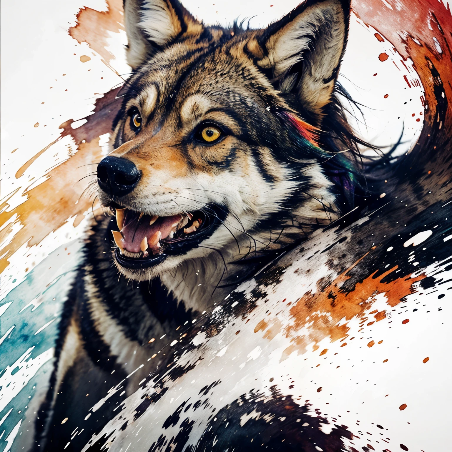 A wild wolf in full roar, charging forward with a fierce expression. The image is captured in a dynamic watercolor style, showcasing vibrant colors and fluid brushstrokes. Splashes and splatters around the wolf suggest its swift movement and wild energy. The body is particularly detailed with bright colors to emphasize its impressive size and the wolf's regal presence.