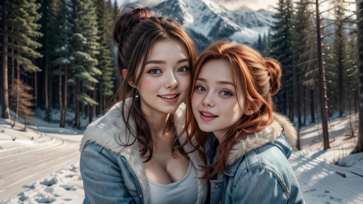 Best quality, masterpiece, Beautiful, 2 young redhead women, looking straight at viewer, hands on shoulders, hugging, wearing simple shirt and jeans, open blue fur jacket on top, posing on mountain road, professionalism, teen age, detailed face, detailed body, symmetric face, happy laughing faces, big cute eyes, cute faces, dynamic pose, deep cleavage, perfect anatomy, photorealistic, curvy body, tight bun hair, 8k, ultra realistic, widescreen desktop wallpaper, foggy winter, mountain forest path background, natural light, shadow, snowy, ambient occlusion