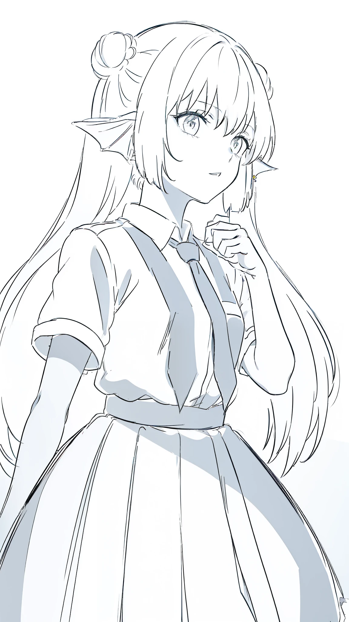 1girl,20 years old,solo,long hair,white hair,finana,twintails,double bun,((white shirt,short sleeves,standart tie,skirt)),,(((white background,sketch))),outstretched hand