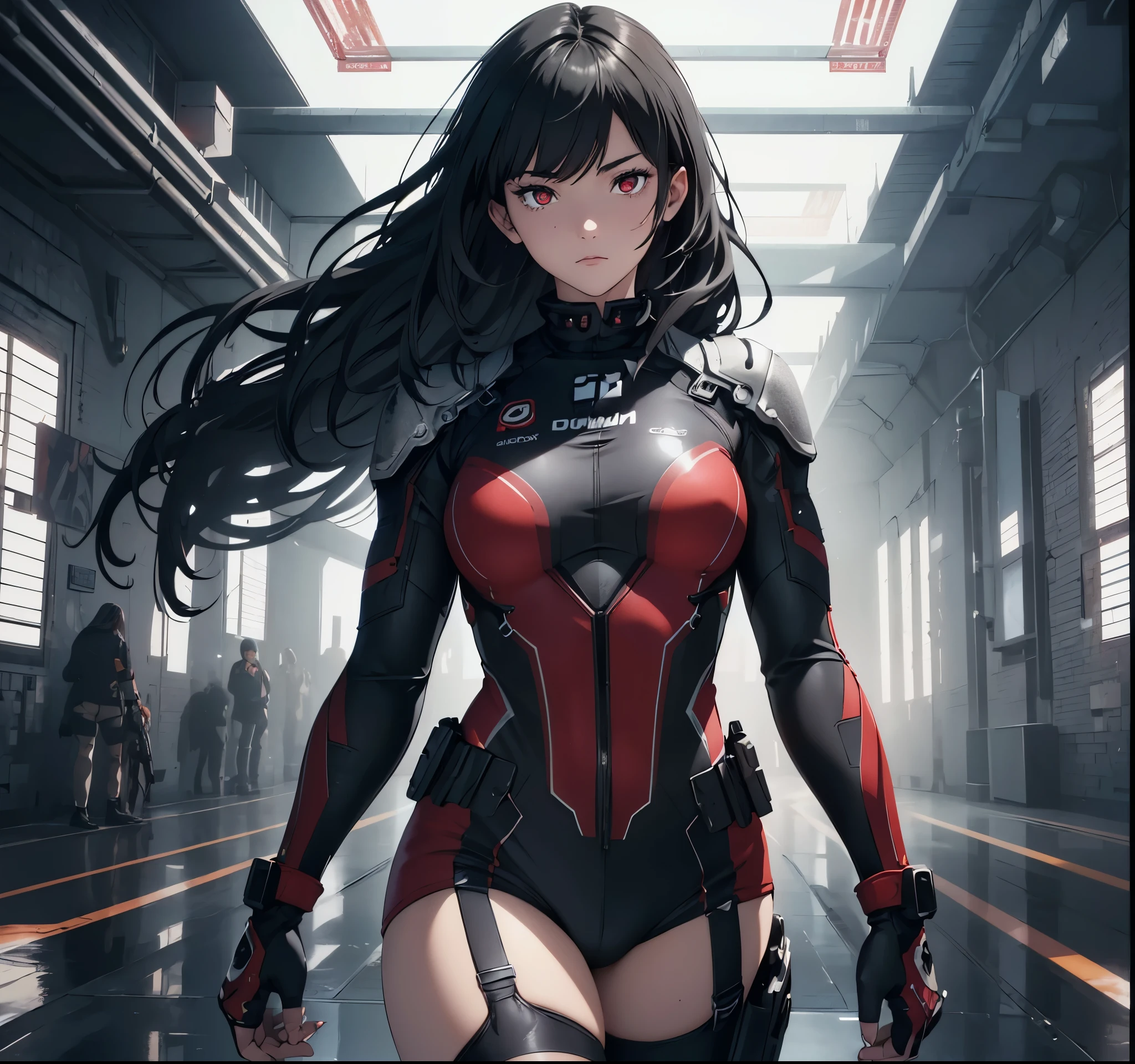 realistic, Beautiful detailed girl, combat suit, clear and beautiful, Personage as the main perspective, shiny_skin, girl,woman,female, young,19 years old, (long hair), bangs, black hair, (beautiful detailed Glass hair), long hair,beautiful detailed cold face, cold expression, complex details beautiful and delicate eyes, fingernails, medium_, red  eyes, Authentic skin texture, gleaming skin,(racing bloomers:1.3),bloom,(line art:1.2),realistic illustration,(unreal engine),(GoPro),(insanely detailed),perfect shading,(digital art),(ray tracing),(intricate detailed),creative refinement,(dark atmosphere)