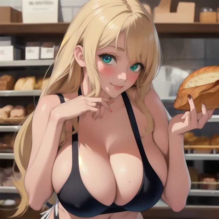 ((masterpiece, best quality, highres, UHD, perfect pixel, depth of field, 8k, RTX, HDR)), BREAK, 1girl, single, solo, beautiful anime girl, beautiful artstyle, anime character, ((long hair, blonde hair)), (green:1.4, rounded eyes, beautiful eyelashes, realistic eyes),big breast, without clothes wearing only a white apron, covered in sweat, blushing, black bra, with a smile, BREAK, holding a bitten bread in the hand, sexy pose in a pastry shop with shelves with a lot of bread.