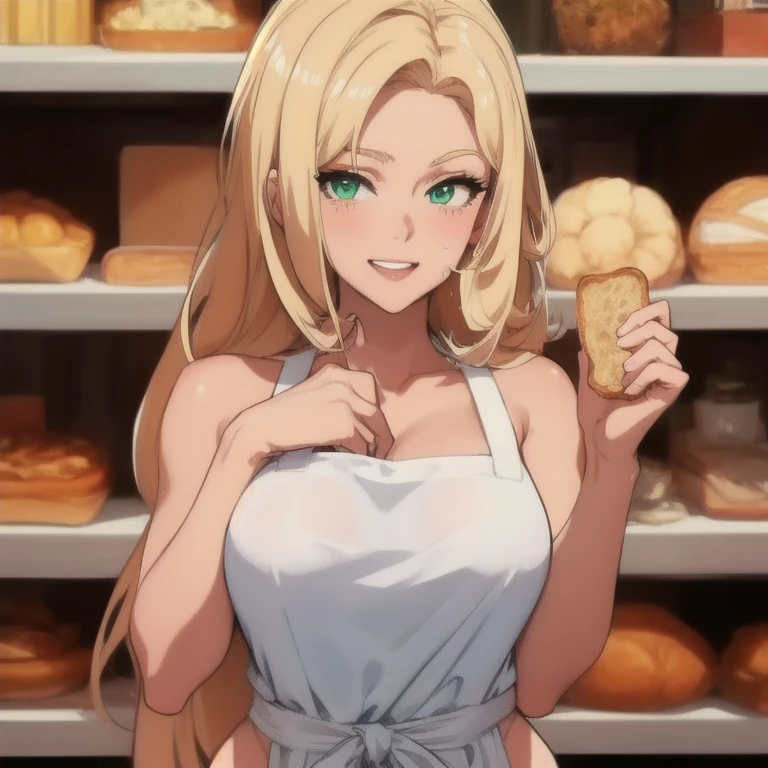 ((masterpiece, best quality, highres, UHD, perfect pixel, depth of field, 8k, RTX, HDR)), BREAK, 1girl, single, solo, beautiful anime girl, beautiful artstyle, anime character, ((long hair, blonde hair)), (green:1.4, rounded eyes, beautiful eyelashes, realistic eyes),big breast, without clothes wearing only a white apron, covered in sweat, blushing, with a smile, BREAK, holding a bitten bread in the hand, sexy pose in a pastry shop with shelves with a lot of bread.