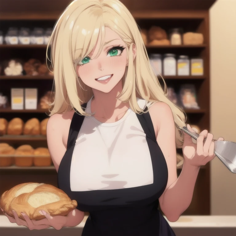 ((masterpiece, best quality, highres, UHD, perfect pixel, depth of field, 8k, RTX, HDR)), BREAK, 1girl, single, solo, beautiful anime girl, beautiful artstyle, anime character, ((long hair, blonde hair)), (green:1.4, rounded eyes, beautiful eyelashes, realistic eyes),big breast, without clothes wearing only a white apron, covered in sweat, blushing, with a smile, BREAK, holding a bitten bread in the hand, sexy pose in a pastry shop with shelves with a lot of bread.