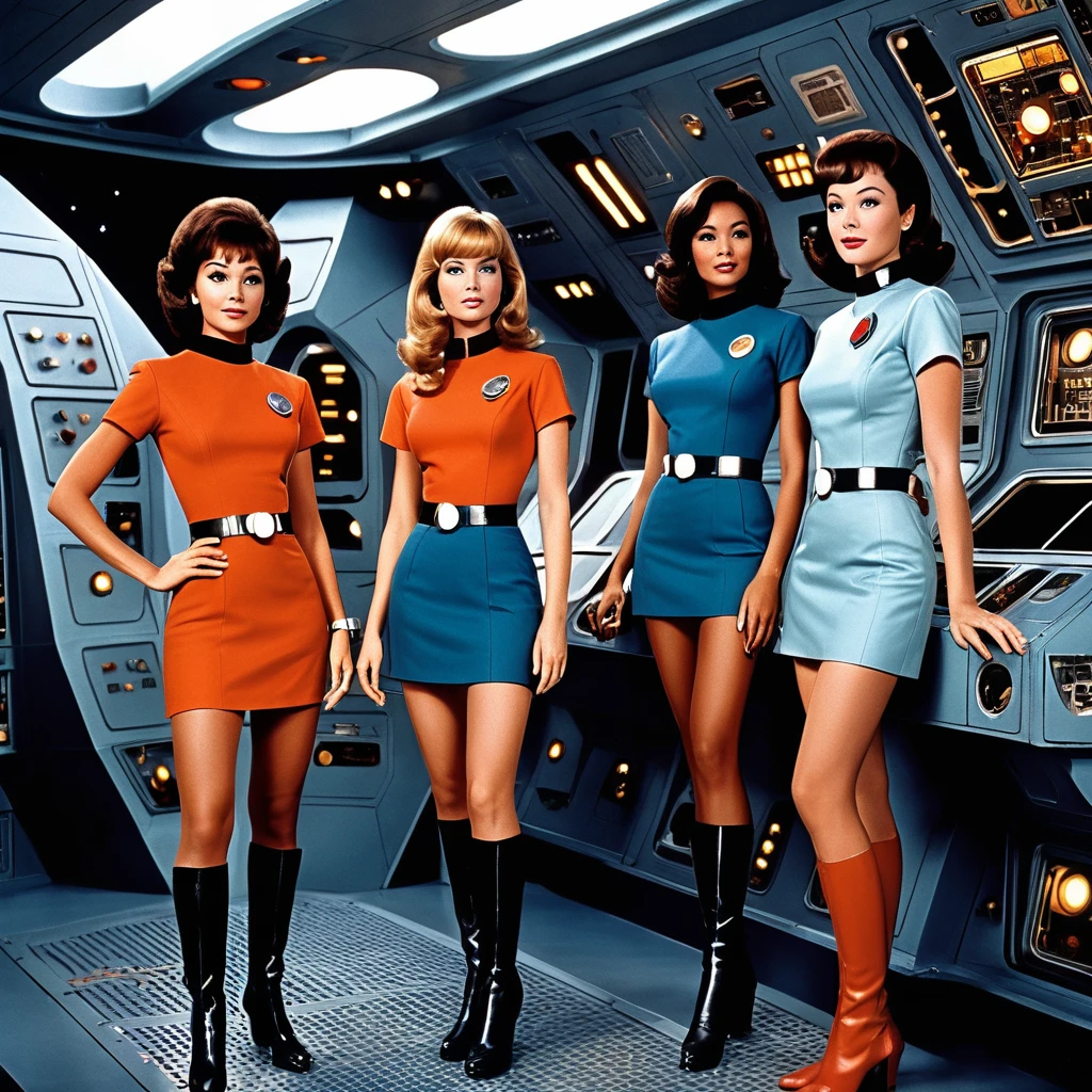 (((INNER IMAGE of a planetary base))) Interior image of an old starship from a 1960s TV series, Lost in Space, Republic series, Irwin Allen TV Show, science fiction, Lost in Space style uniforms , image shows full body figures, mini skirt, (((multiethnic crew))), retro look, Vintage, old style, perfect faces like actors from the 1960s, ((perfect faces)), large, very colorful internal set, ((perfect faces)), Team, highlighted faces, foreign, There is a ((((robot))) in scene, science fiction, TV studio lighting, old style image, TV series style, (((indoors))), 16k, filme ainda, ((cinematic)), corpo inteiro, Science fiction, realista, (detalhes intrincados:1.1), retro art style, Fundo futurista da cidade de Science fiction, capacete, (extremamente detalhado:1.3), Planeta Proibido,