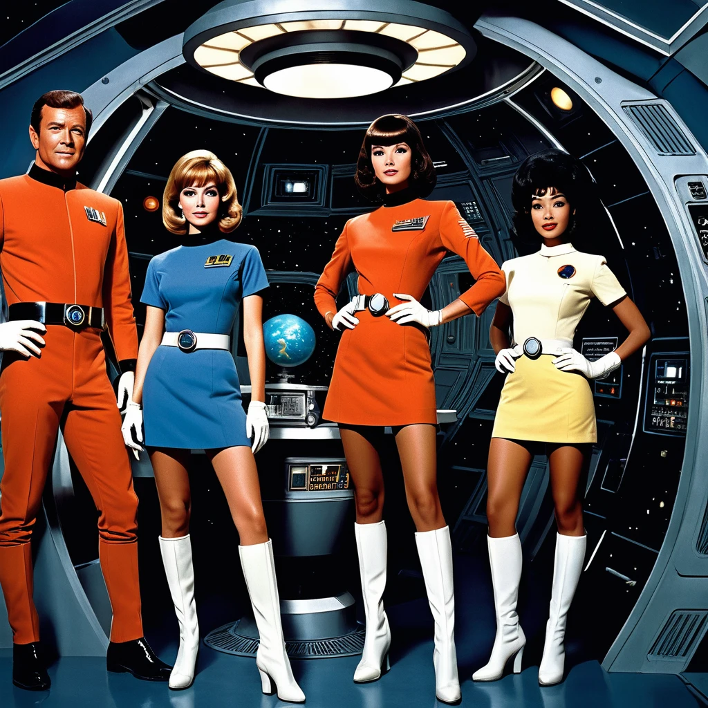 (((INNER IMAGE of a planetary base))) Interior image of an old starship from a 1960s TV series, Lost in Space, Republic series, Irwin Allen TV Show, science fiction, Lost in Space style uniforms , image shows full body figures, mini skirt, (((multiethnic crew))), retro look, Vintage, old style, perfect faces like actors from the 1960s, ((perfect faces)), large, very colorful internal set, ((perfect faces)), Team, highlighted faces, foreign, There is a ((((robot))) in scene, science fiction, TV studio lighting, old style image, TV series style, (((indoors))), 16k, filme ainda, ((cinematic)), corpo inteiro, Science fiction, realista, (detalhes intrincados:1.1), retro art style, Fundo futurista da cidade de Science fiction, capacete, (extremamente detalhado:1.3), Planeta Proibido,