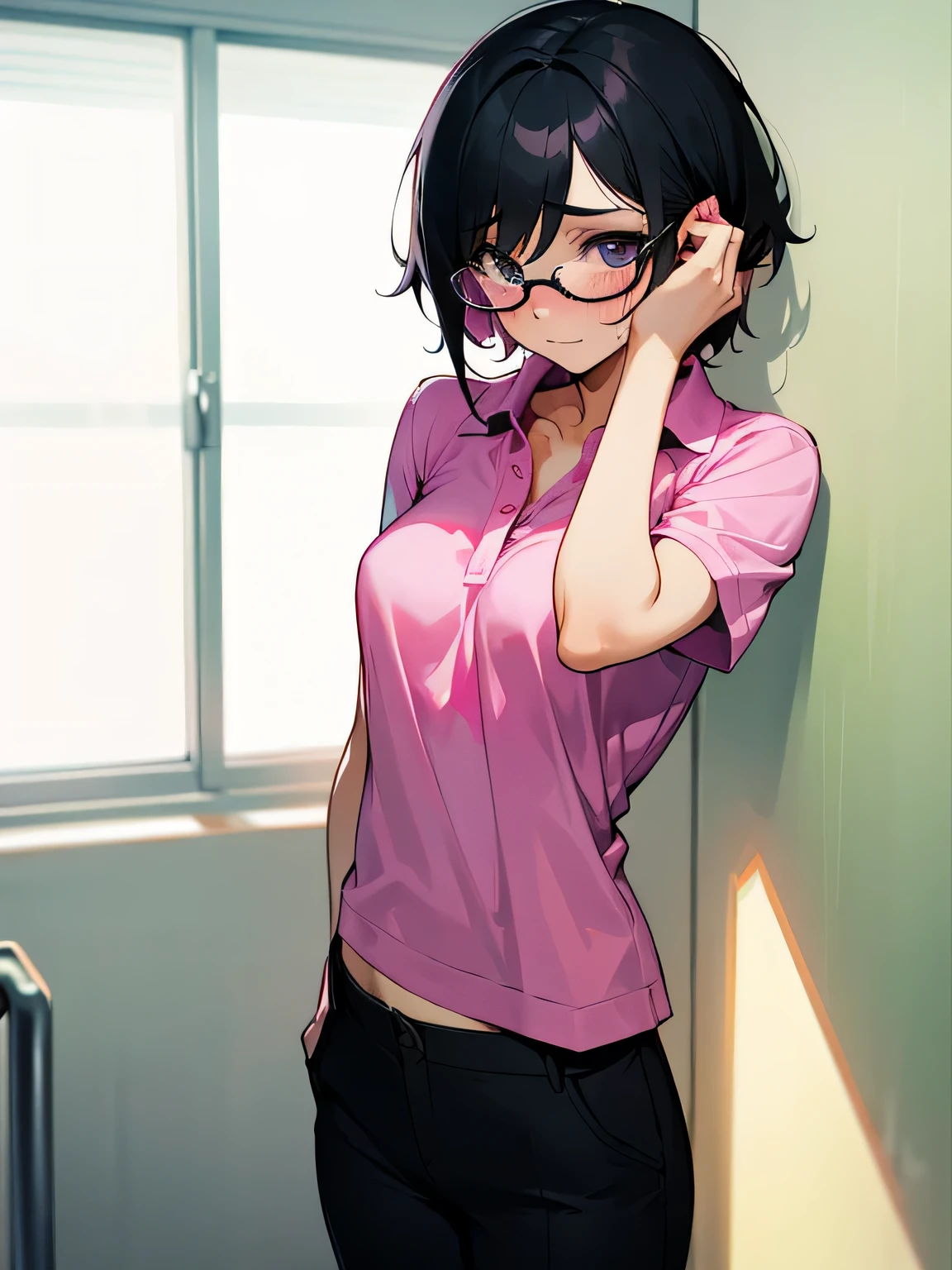 short hair, pubic hair, nice breasts, embarrassed, shy, anxious, black hair, short sleeves, arms, in hospital, no panties, short magenta polo shirt, no bra, naked, hands on face, no shoes, glasses, black pants