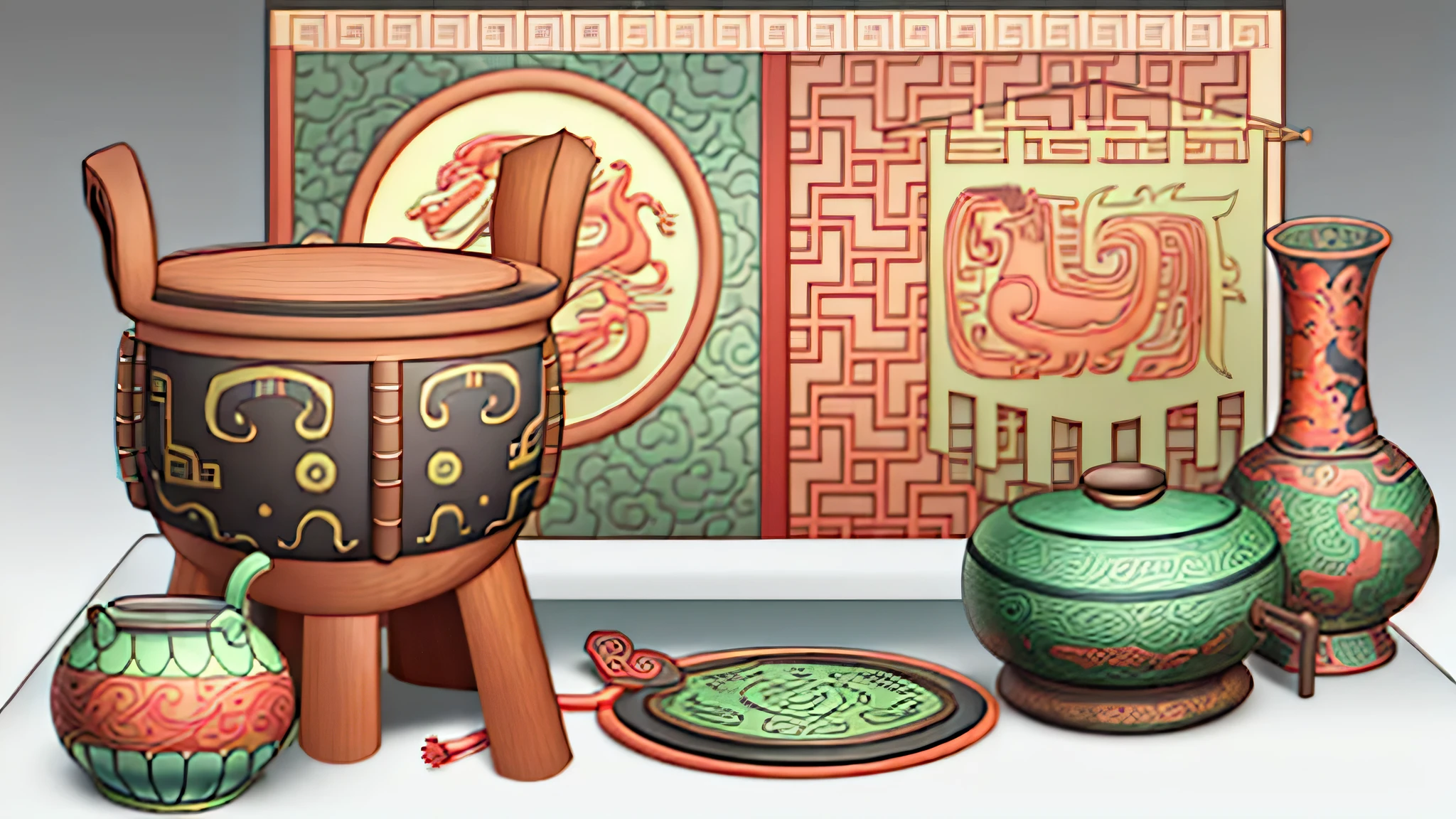 Optimize coloring，Chinese style，cultural relics，There is a tripod on the table，pot，Jade Ruyi，Vases and other things，There is a screen behind with dragon and phoenix patterns embroidered on it.，More color matching，The pattern is more obvious，Adding modern elements appropriately