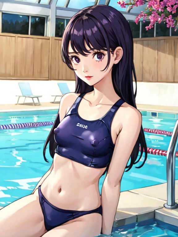 1 girl,small breasts,,lilac long-haired,poor body,high school student,pool,I can see the nipples,School swimsuit coming off