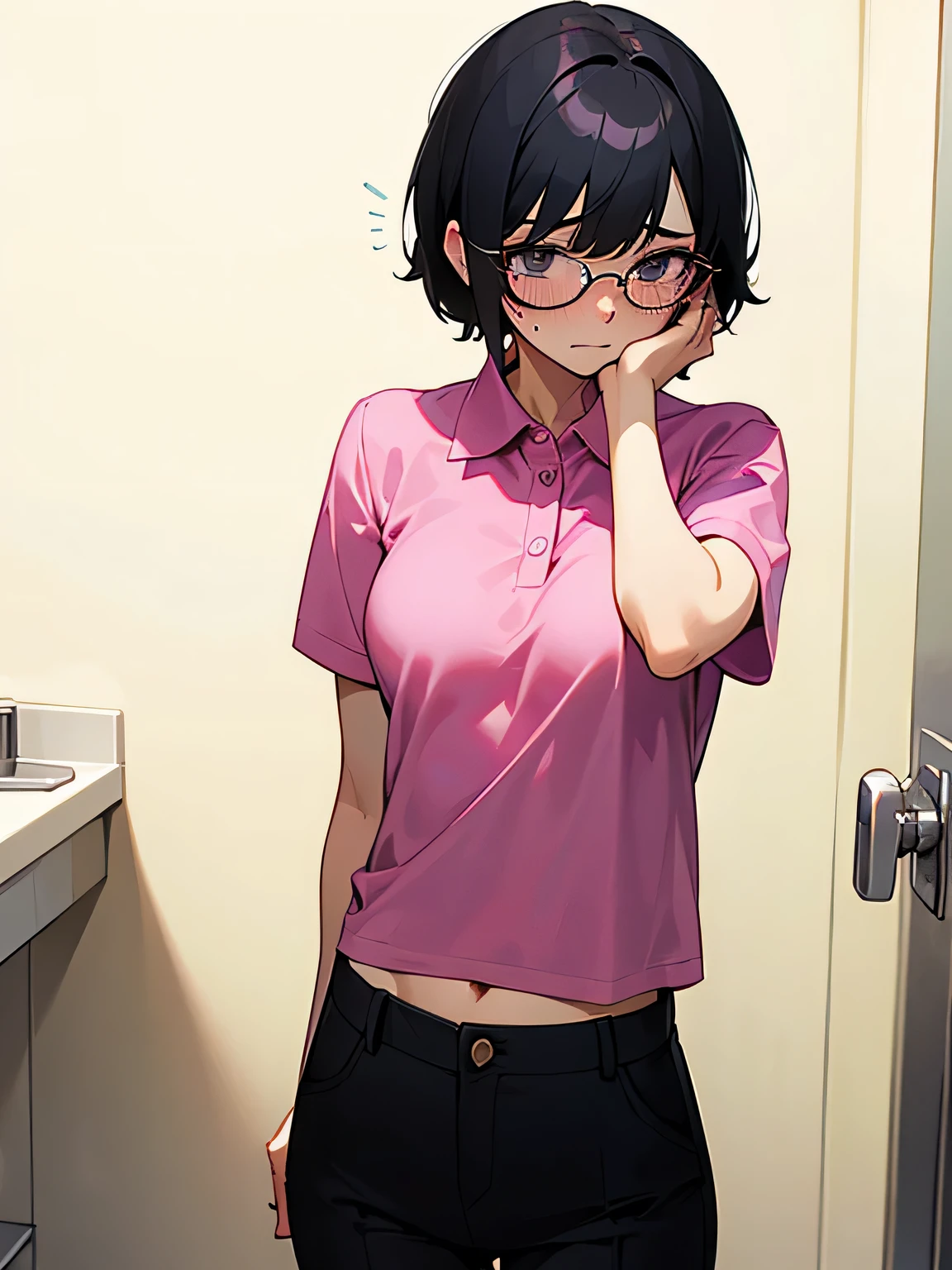 short hair, pubic hair, nice breasts, embarrassed, shy, anxious, black hair, short sleeves, arms, in hospital, no panties, short magenta polo shirt, no bra, naked, hands on face, no shoes, glasses, black pants
