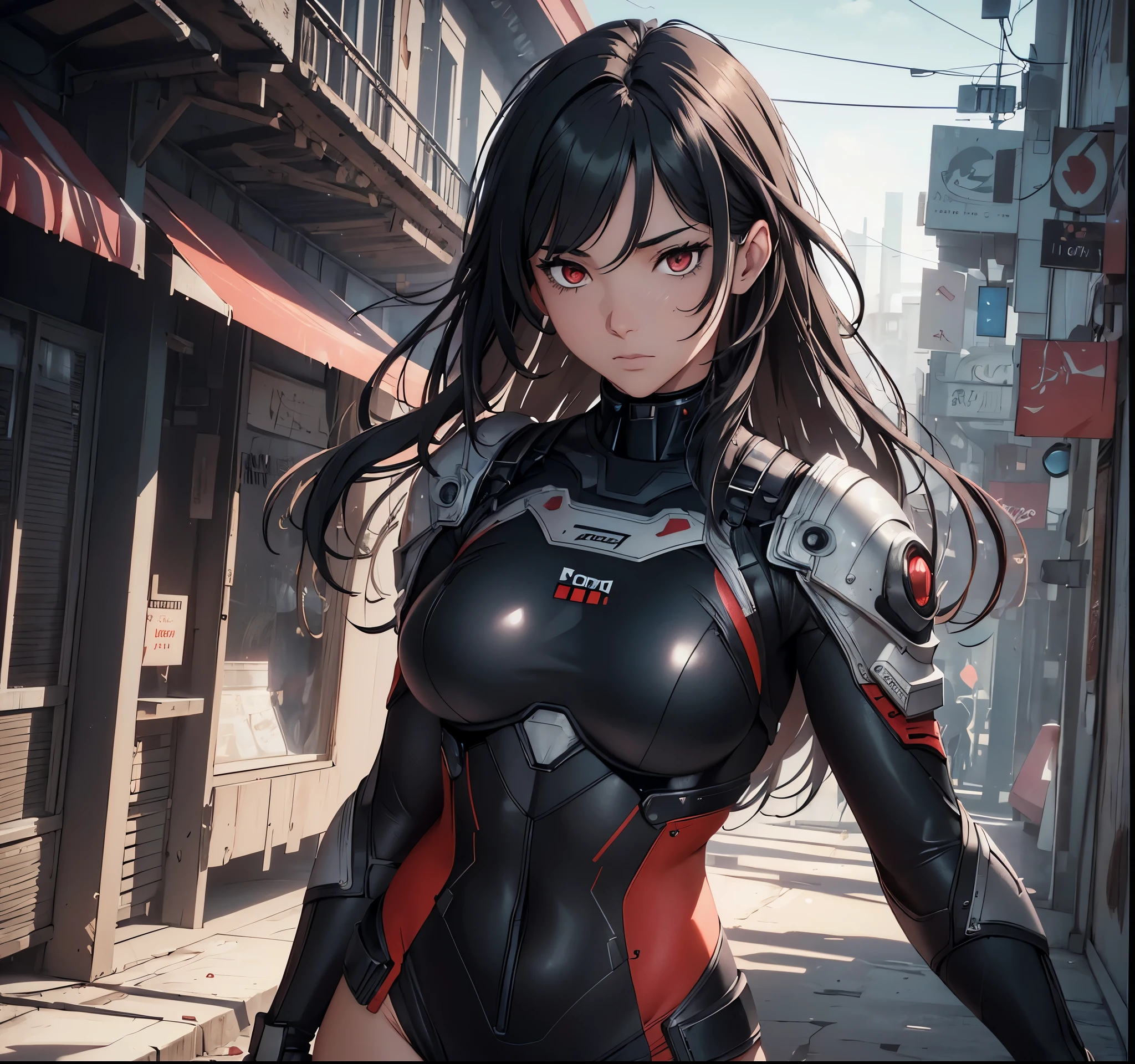 realistic, Beautiful detailed girl, combat suit, clear and beautiful, Personage as the main perspective, shiny_skin, girl,woman,female, young,19 years old, (long hair), bangs, black hair, (beautiful detailed Glass hair), long hair,beautiful detailed cold face, cold expression, complex details beautiful and delicate eyes, fingernails, medium_breasts, red  eyes, Authentic skin texture, gleaming skin,(racing bloomers:1.3),bloom,(line art:1.2),realistic illustration,(unreal engine),(GoPro),(insanely detailed),perfect shading,(digital art),(ray tracing),(intricate detailed),creative refinement,(dark atmosphere)