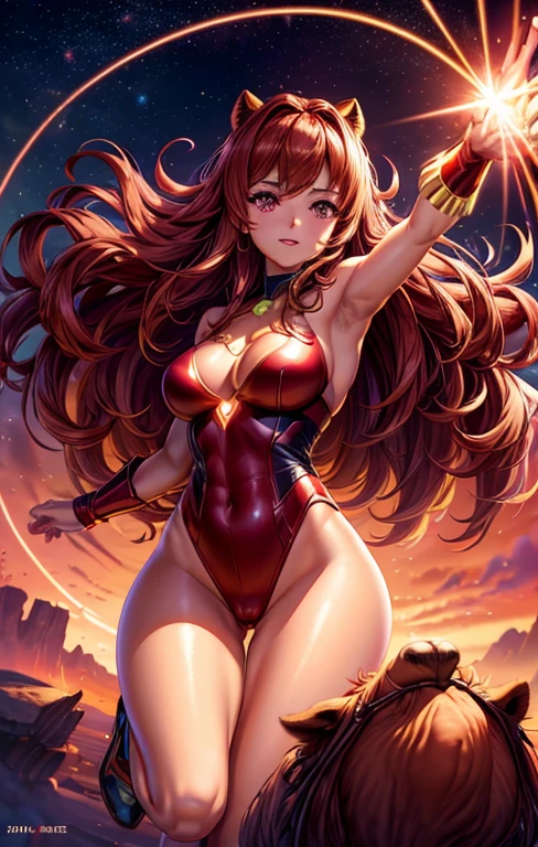 create a digital painting, 4k, JIM EIDOMODE, (((A comic style, CARTOON ART))). Scarlet Witch is in an open field, surrounded by dense forest. She is wearing her signature red outfit and is floating in the air, with her arms outstretched to her sides. In her hands, she holds a glowing red ball of energy, (((warm body, Camel Toes))), which appears to be pulsing with power. In the background, we can see the sun setting over the horizon, turning the sky orange and pink. The forest around you appears to be peaceful, but there is a sense of tension in the air, as if something is about to happen.