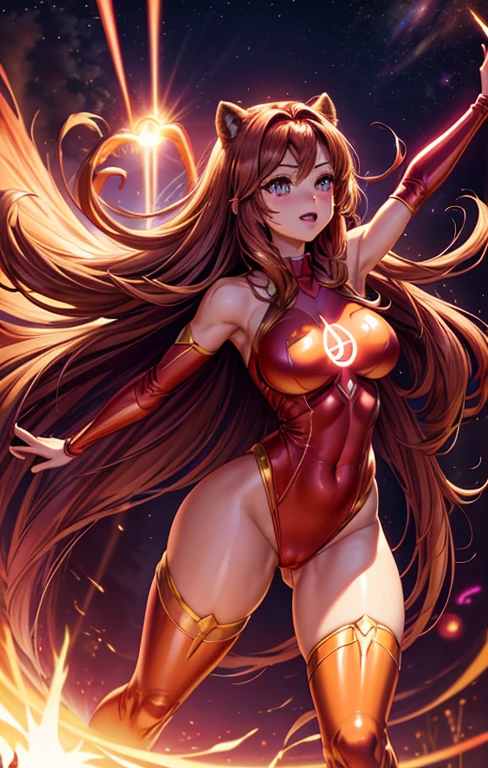 create a digital painting, 4k, JIM EIDOMODE, (((A comic style, CARTOON ART))). Scarlet Witch is in an open field, surrounded by dense forest. She is wearing her signature red outfit and is floating in the air, with her arms outstretched to her sides. In her hands, she holds a glowing red ball of energy, (((warm body, Camel Toes))), which appears to be pulsing with power. In the background, we can see the sun setting over the horizon, turning the sky orange and pink. The forest around you appears to be peaceful, but there is a sense of tension in the air, as if something is about to happen.