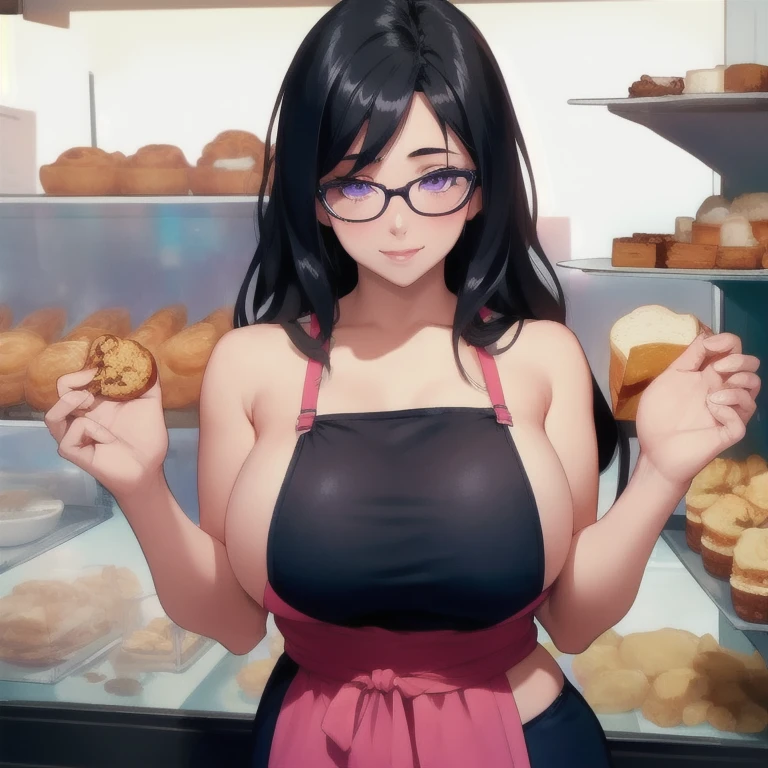((masterpiece, best quality, highres, UHD, perfect pixel, depth of field, 8k, RTX, HDR)), BREAK, 1girl, single, solo, beautiful anime girl, beautiful artstyle, anime character, ((long hair, black hair)), (purple:1.4, rounded eyes, beautiful eyelashes, realistic eyes),big breast, without clothes wearing only a white apron, covered in sweat, blushing, nipple under clothes, with a smile, BREAK, holding a bitten bread in the hand, sexy pose in a pastry shop with shelves with a lot of bread.