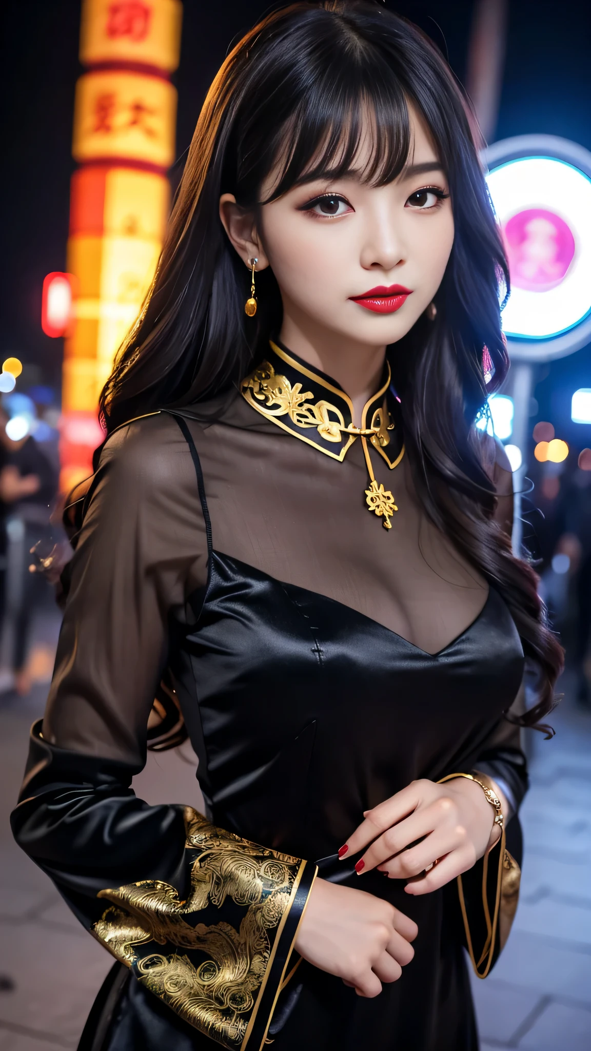 tra-detailed、Japanese、attractive beauty、seductive adult woman、pretty woman、piercing eyes、cool girl、wavy hair、swept bangs、Long Black and Gold Cheongsam、wide sleeves、Evil cadres、evil depravity、brainwash、mind control、lipstick、lip gloss、dark makeup、smirk、whisper in your ear、Evil expression、evil、hollow eyes,half-closed eyes、empty eyes、evil、church at night、vampire、succubus、vampire、Swear allegiance、sexy pose、bracelet