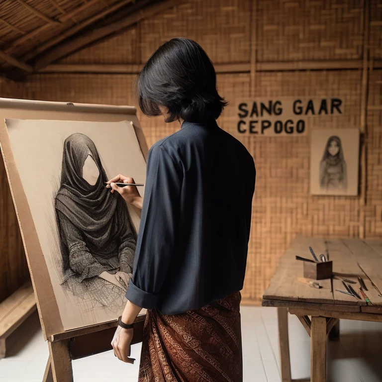 Show me a landscape image of a brown woman face covered with niqab and hijab painting a yellow wall of a room