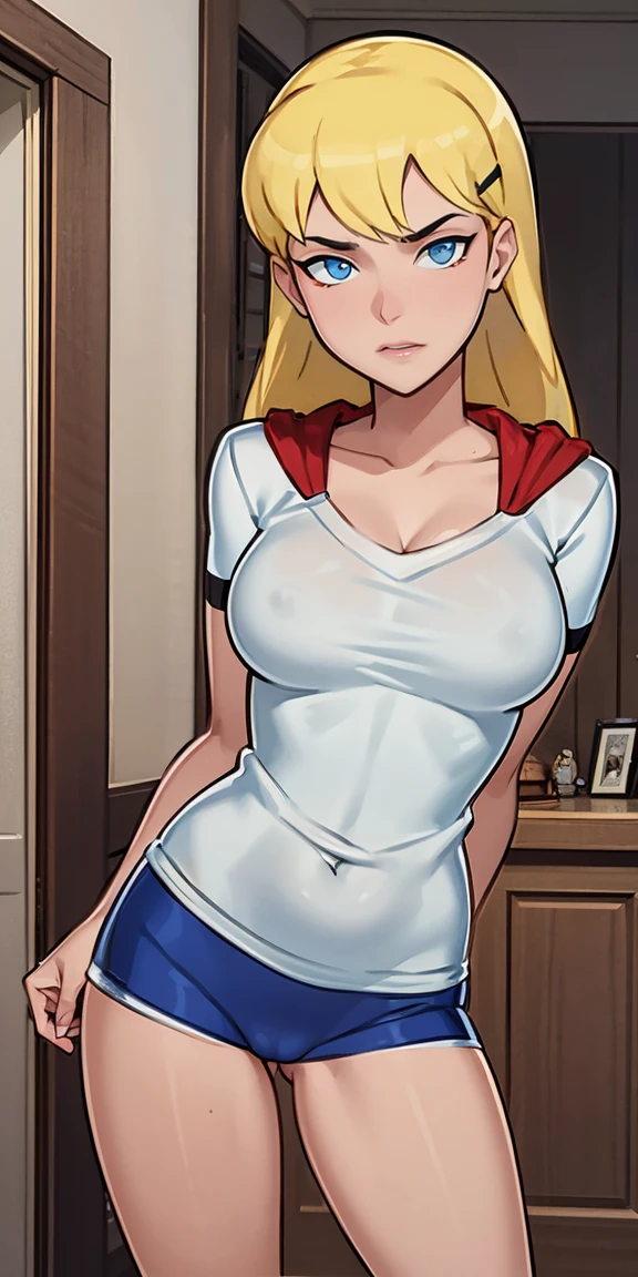 (obra maestra, Mejor calidad:1.2), Supergirl algo ilimitado, 1 chica, senos, pelo rubio, bermudas, escote, pelo largo, solo, ombligo, dolphin bermudas, mirando al espectador, puertaway, pelo largo, black bermudas, rubor, short bermudas, boca abierta, blue eyes, diafragma, sudor, clavicle, muslos, huge senos, hombros descubiertos, Golpes, puerta, camisola, parted Golpes, large senos, tiro de vaquero, de pie, Camiseta sin mangas, top corto, white camisola, white Camiseta sin mangas, correa de espagueti, aliento, inpuertas, opening puerta, arm behind the back, open puerta