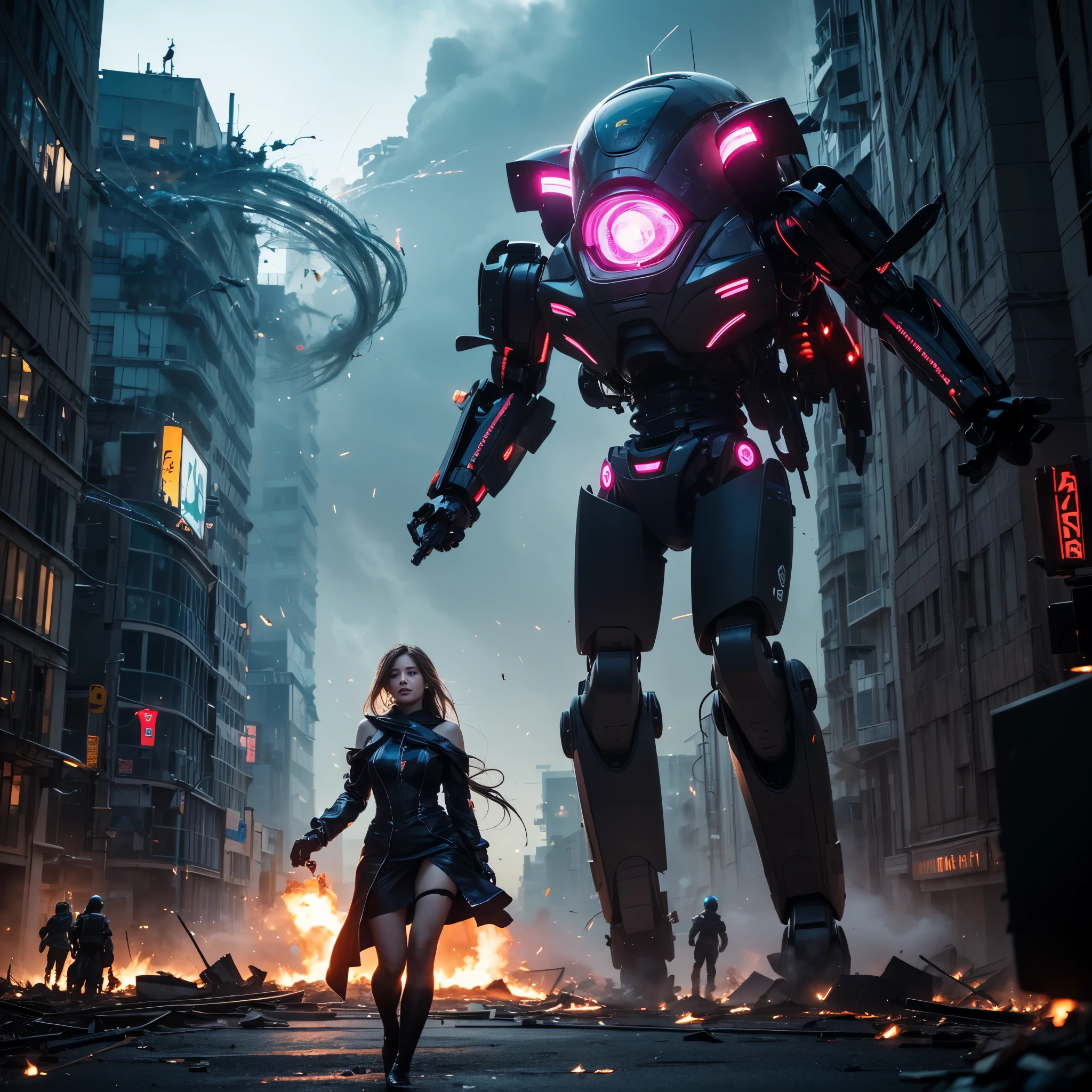 (highest quality、4k、8k、High resolution、master piece: 1.2)、Super detailed、(real、photorealistic、photorealistic: 1.37)、Destruction of a Great City、(A telekinetic woman stands in front of a giant jellyfish robot controlled by an invader.:1.37) 、(Women are young and beautiful、18-year-old、unparalleled beauty:1.5)、Insert mental barriers to resist robot attacks、vibrant cityscape、Bright colors、Shining skyscrapers、busy street、Futuristic architecture and technology、Advanced holographic display、Neon light splashes 、dramatic lighting、intense shadow、Awe-inspiring power that exudes from women、Determination in His Eyes、An elegant flowing gown、Dynamic action in the wind、Reach out and rush towards the robot.、A powerful energy emanates from the hands、Blue glowing aura、sparks of electricity、electricity crackling in the air、A vortex of energy surrounding a woman、A fascinating and surreal atmosphere、A sense of danger and impending destruction、Background chaos and destruction、Crumbling buildings、flying debris、Smoke and flames、 The contrast between beauty and destruction、The war between technology and the extraordinary power of young women,A jellyfish robot is destroyed by a telekinetic woman and falls apart