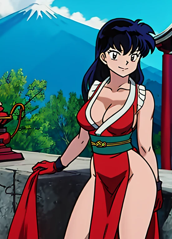 masterpiece, best quality, Kagome Higurashi, 25 years old, large breasts, cleavage, very busty, big hips, She stands tall while wearing a red Kunoichi dress, pelvic curtain, arm guards and gloves. she's looking directly at the camera with an confident smirk. Her gaze is both alluring and fierce, as she holds a red fan with a tight grip. cowboy shot, BREAK Outdoors, temple, Japanese architecture, the view of the mountains