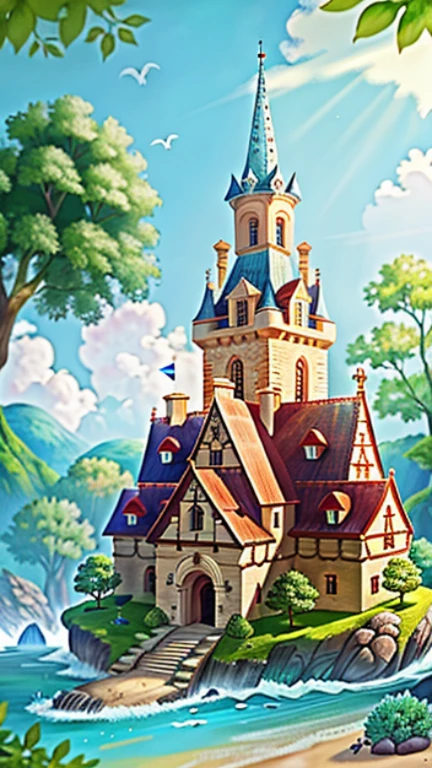 Un chateau en forme de tortue avec des ecailles vleue et verte en fond . perfect quality (Masterpiece: 1.2) best quality) (intricate details) (8K) fille brune de 3 ans qui court vers le chateau de tortue