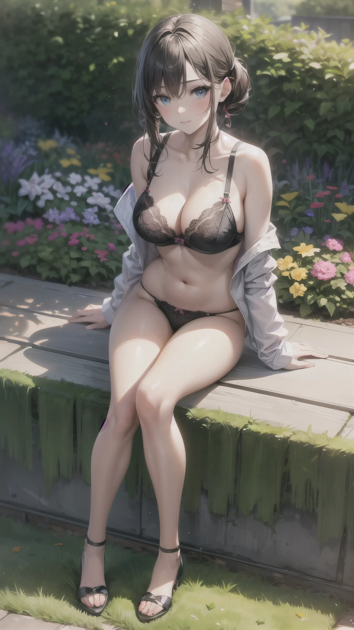 (Raw photo:1.2), (Photorealistic), Beautiful detailed girl, Very detailed eyes and face, Beautiful detailed eyes, Huge file size, High resolution, Very detailed, Best Quality, [masterpiece:1.6], Illustration, Very detailed, Fine detail, Best Quality, 32K Wallpaper, intricate details, in the garden, colorful flowers, beautiful young woman, short height, pixie cur hair, medium breast, low cut cotton panties and bra, full body photo, cameltoe, sitting