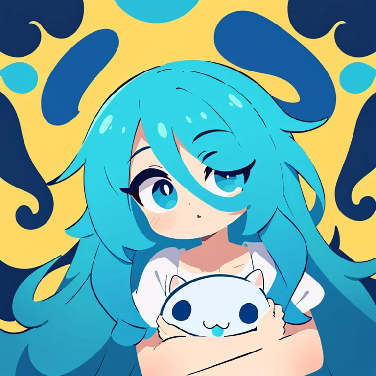 Um Garoto de aproximadamente 15 anos, curly hair dyed in shades of cyan and navy blue, olhos grandes com tonalidade azul ciano, utilizando um casaco grande, verde claro, e com um capuz cobrindo boa parte do seu cabelo