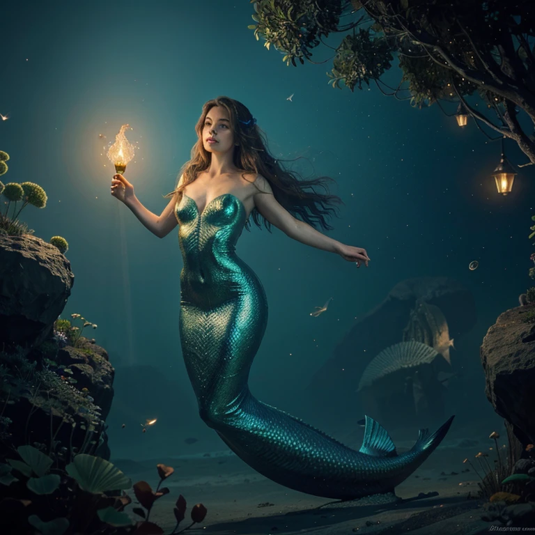 The creature looks like a beautiful mermaid, there are many different sea creatures around, they all glow like fireflies