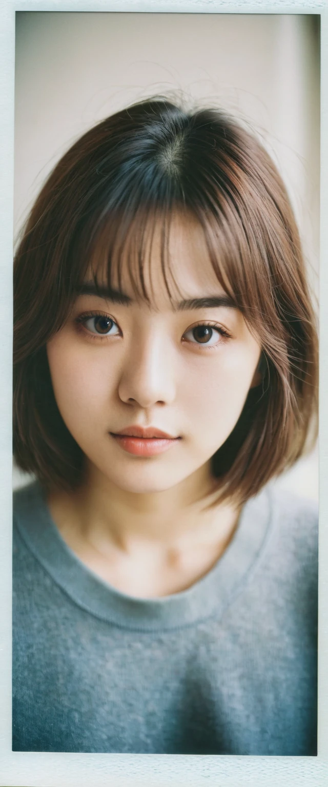 Japanese girl, 18-21 years old, brown hair, high-quality photo portrait, shot on a Polaroid camera, double eyelid