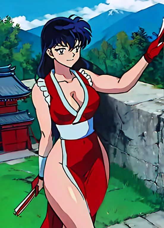 masterpiece, best quality, Kagome Higurashi, 25 years old, large breasts, cleavage, very busty, big hips, She stands tall while wearing a red Kunoichi dress, pelvic curtain, arm guards and gloves. she's looking directly at the camera with an confident smirk. Her gaze is both alluring and fierce, as she holds a red fan with a tight grip. cowboy shot, BREAK Outdoors, temple, Japanese architecture, the view of the mountains