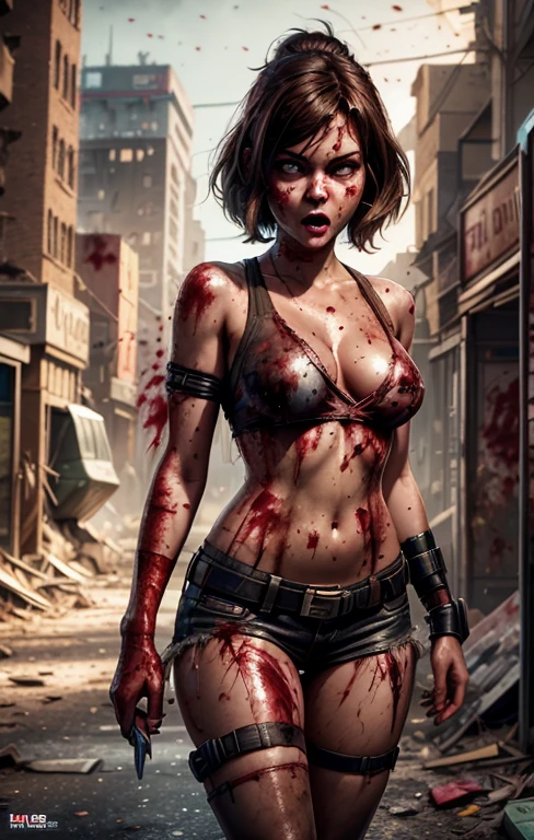 create a digital painting, 4k, JIM EIDOMODE, GTA Style + 3D Rendering, GTA loading screen, gta art, (((Alone))), 1 girl, 1 girl, alone, half-length portrait, Portrait of Maggie from TWD , Lauren Cohan's face, (((clothes covered in blood))), ((angry face)), (((holding the knife in her hand))), meggie costume from The Walking Dead, clothes style The Walking Dead , (((night, night))) , highly detailed, Defined face, ((hot body, hot girl, sensual, sensual))), Comic, The style of the walking dead. (((a destroyed city background with zombies, zombies)), Horror, disgusting. hyperrealistic, unreal engine 5.