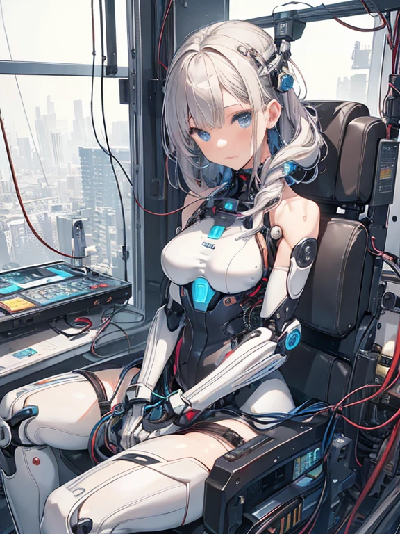 NSFW, (((masterpiece)))、(((highest quality)))、((Super fine))、(Detailed CG illustration)、((very delicate and beautiful))、(Delicate and cute face)、cinematic light、((1 Mechanical Girl))、solo、Full body Esbian、(highest qualityのイラスト:1.2), (pretty girl:1.1), (1 girl, solo:1.5), (1 girl、18-year-old、beautiful breasts:1.5、highly detailed eyes:1.2)、(beautiful breasts:1.1)、Cyborg Machine Main Body、positive、white cyber suit、perfect fit、black haired、brown hair、silver hair、blonde、blue hair、blue eyes、brown eyes、red eye mechanical joint:1.4)、((mechanical limbs))、(blood vessels connected to tubeechanical spine attached to back))、((mechanical cervical vertebrae)attached to the neck))、((Sitting on a chair on a machine))、No expression、(Wires and cables attached to head and body:1.5)、(character focus)、nffsw、Under maintenance、Touching the whole body with a mechanical arm