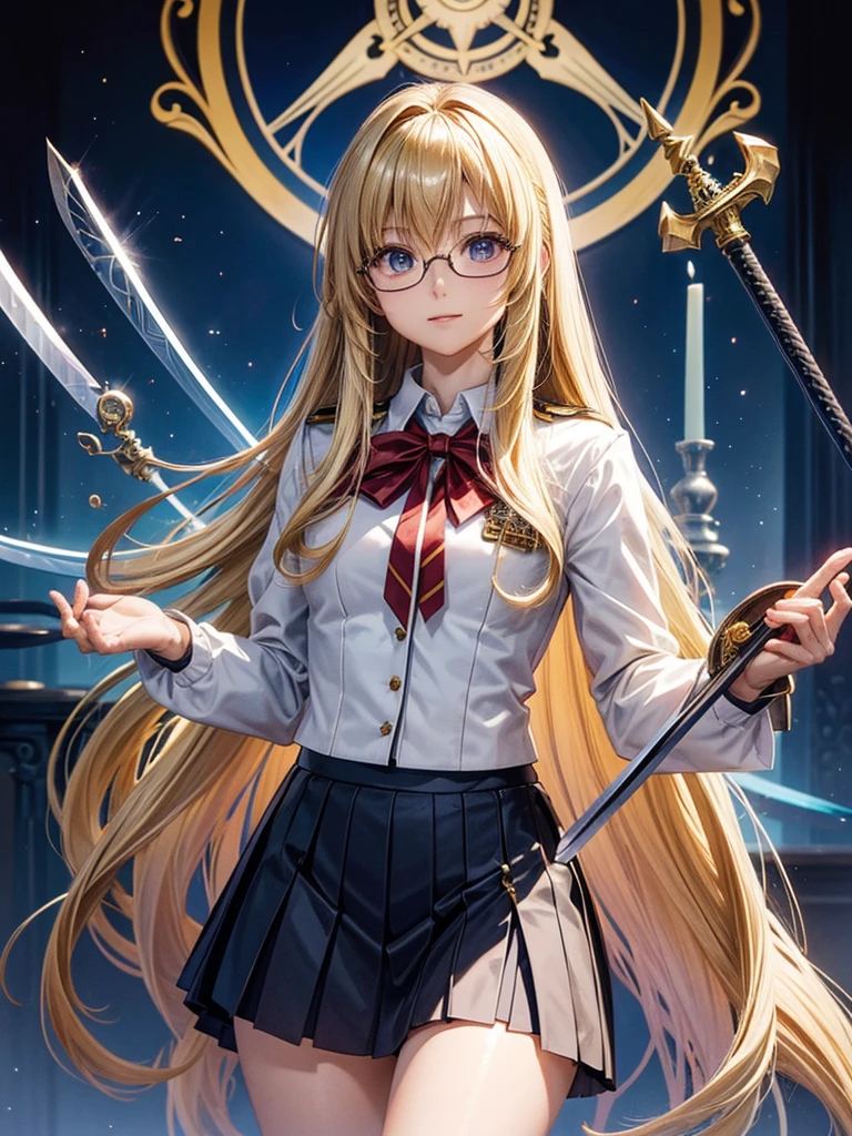 20 year old female、shiny hair quality、beautiful blonde、straight hair、super long hair、Shaggy Hair、Glasses、Glasses美人、fantasy、swordsman、Different world、reincarnation、uniform、skirt、cute、perfect skeleton