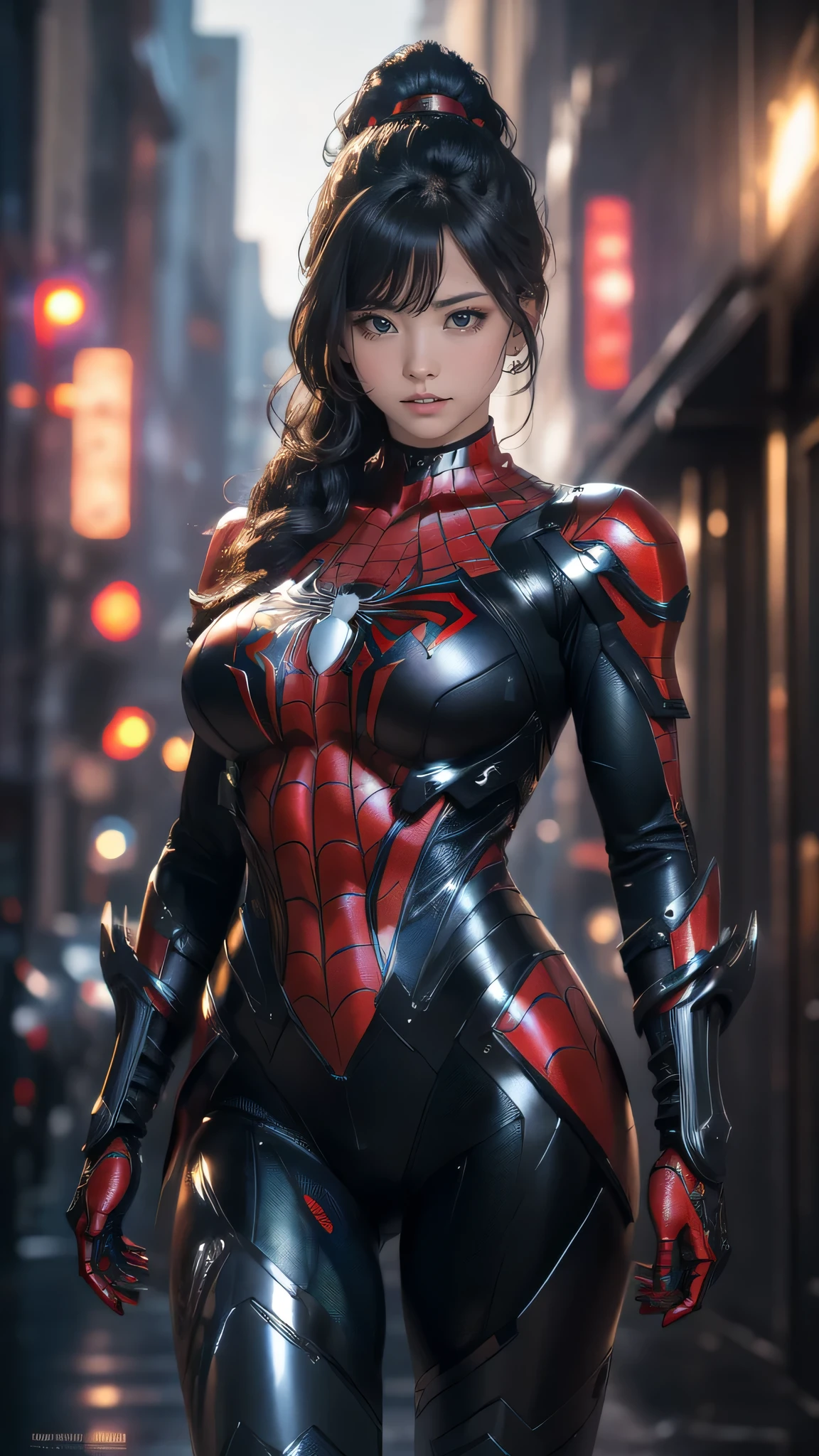 spiderman mecha armor,(random pose:1.2),(random hairstyle),(large breasts),(Highest image quality, (8K), Ultra-realistic, Best Quality, High quality, High Definition, high quality texture, high detailing, Beautiful detailed, fine detailed, extremely details CG, Detailed texture, realistic representation of face, masterpiece, presence),black pantyhose