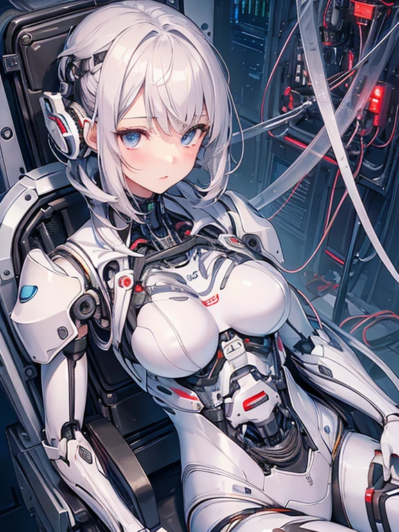 NSFW, (((masterpiece)))、(((highest quality)))、((Super fine))、(Detailed CG illustration)、((very delicate and beautiful))、(Delicate and cute face)、cinematic light、((1 Mechanical Girl))、solo、Full body Esbian、(highest qualityのイラスト:1.2), (pretty girl:1.1), (1 girl, solo:1.5), (1 girl、18-year-old、beautiful breasts:1.5、highly detailed eyes:1.2)、(beautiful breasts:1.1)、Cyborg Machine Main Body、positive、white cyber suit、perfect fit、black haired、brown hair、silver hair、blonde、blue hair、blue eyes、brown eyes、red eye mechanical joint:1.4)、((mechanical limbs))、(blood vessels connected to tubeechanical spine attached to back))、((mechanical cervical vertebrae)attached to the neck))、((Sitting on a chair on a machine))、No expression、(Wires and cables attached to head and body:1.5)、(character focus)、nffsw、Under maintenance、Touching the whole body with a mechanical arm