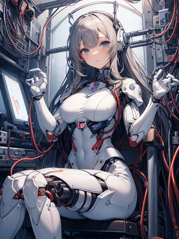 NSFW, (((masterpiece)))、(((highest quality)))、((Super fine))、(Detailed CG illustration)、((very delicate and beautiful))、(Delicate and cute face)、cinematic light、((1 Mechanical Girl))、solo、Full body Esbian、(highest qualityのイラスト:1.2), (pretty girl:1.1), (1 girl, solo:1.5), (1 girl、18-year-old、beautiful breasts:1.5、highly detailed eyes:1.2)、(beautiful breasts:1.1)、Cyborg Machine Main Body、positive、white cyber suit、perfect fit、black haired、brown hair、silver hair、blonde、blue hair、blue eyes、brown eyes、red eye mechanical joint:1.4)、((mechanical limbs))、(blood vessels connected to tubeechanical spine attached to back))、((mechanical cervical vertebrae)attached to the neck))、((Sitting on a chair on a machine))、No expression、(Wires and cables attached to head and body:1.5)、(character focus)、nffsw、Under maintenance、Touching the whole body with a mechanical arm