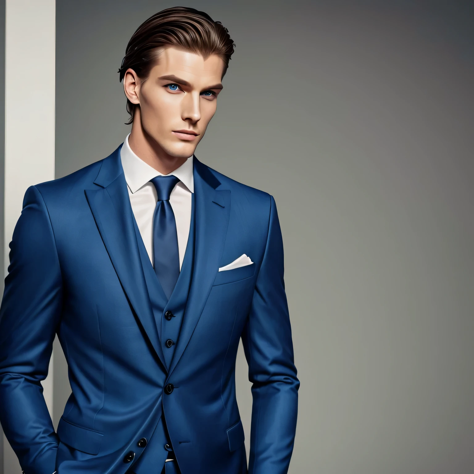 An handsome tall man with a perfect jawline and piercing blue eyes, exuding a captivating charm, dressed impeccably in a sleek tailored suit.