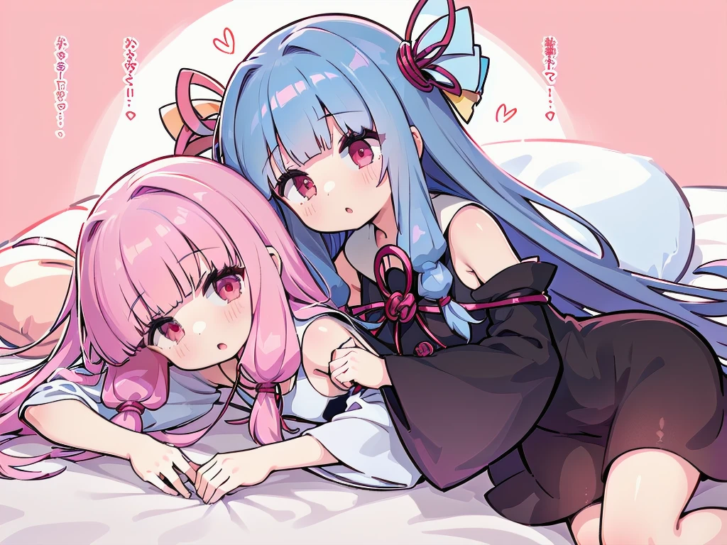 (((Akane Kotonoha and Aoi Kotonoha)))、(((lying on the bed)))、(((２girl girl)))、(((cum in pussy))), (kotonoha akane, hair ribbon
black dress, detached sleeves, wide sleeves, bare shoulders)、 (kotonoha aoi
hair ribbon, blue hair, red eyes, very long hair,blunt bangs)、