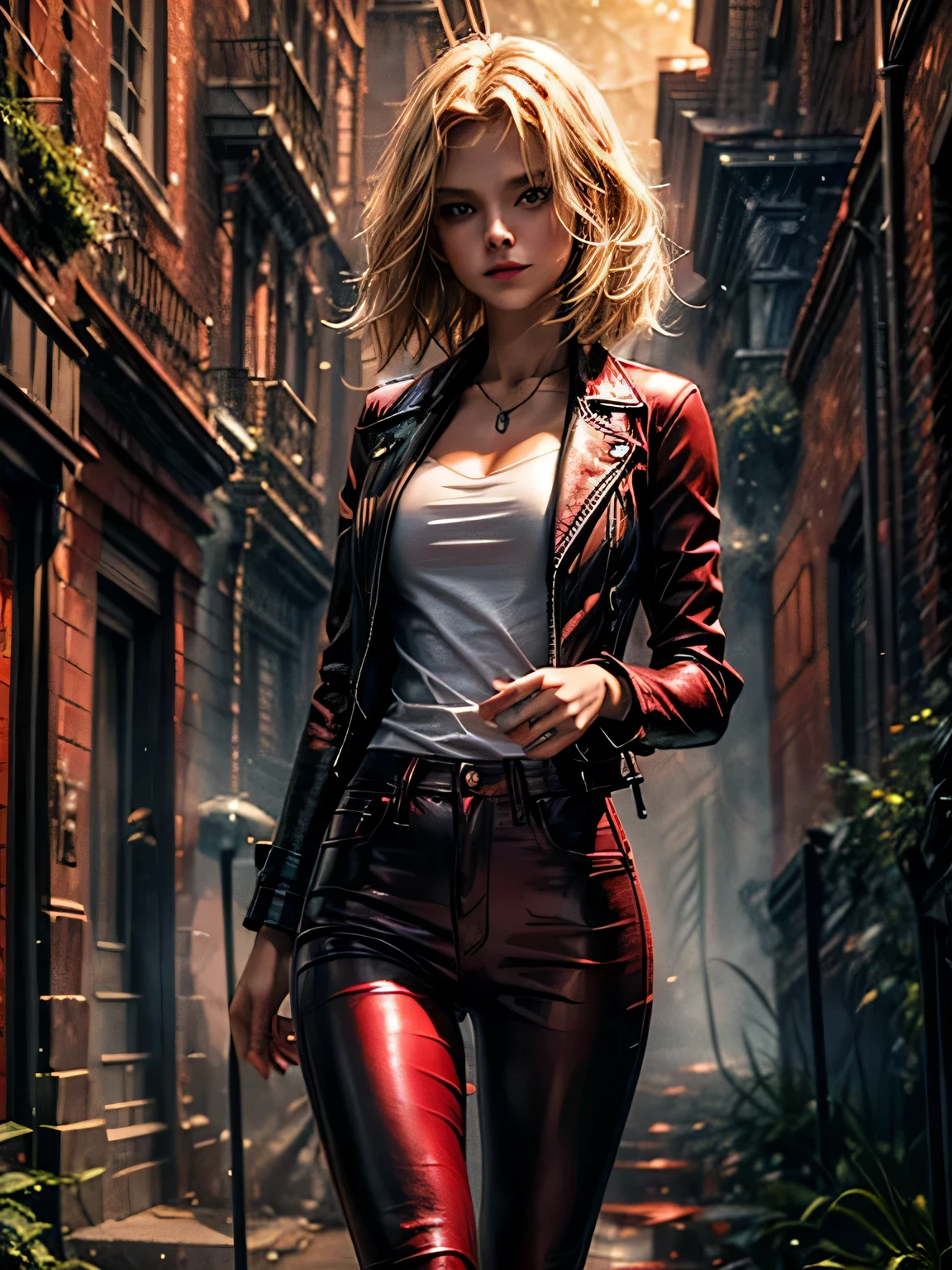 In a mysterious and enchanting realm, a murky fog envelopes the scene,Amidst this fog, a figure emerges , A girl with short wavy blonde hair , blonde and red streaks , she wears jeans and a white see through t-shirt , (she wears a dark red leather jacket ) , (slim figur , small breast)