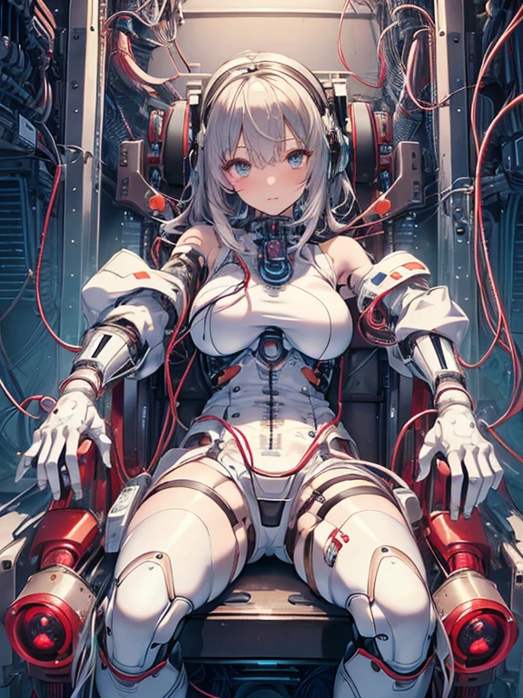 NSFW, (((masterpiece)))、(((highest quality)))、((Super fine))、(Detailed CG illustration)、((very delicate and beautiful))、(Delicate and cute face)、cinematic light、((1 Mechanical Girl))、solo、Full body Esbian、(highest qualityのイラスト:1.2), (pretty girl:1.1), (1 girl, solo:1.5), (1 girl、18-year-old、beautiful breasts:1.5、highly detailed eyes:1.2)、(beautiful breasts:1.1)、Cyborg Machine Main Body、positive、white cyber suit、perfect fit、black haired、brown hair、silver hair、blonde、blue hair、blue eyes、brown eyes、red eye mechanical joint:1.4)、((mechanical limbs))、(blood vessels connected to tubeechanical spine attached to back))、((mechanical cervical vertebrae)attached to the neck))、((Sitting on a chair on a machine))、No expression、(Wires and cables attached to head and body:1.5)、(character focus)、nffsw、Under maintenance、Touching the whole body with a mechanical arm
