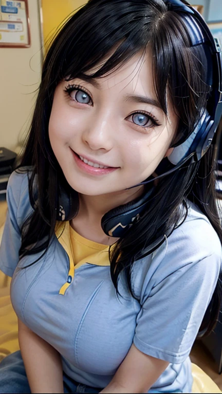 Smiling with a happy face、Cafe、cool、big breasts、high school girl、headphones on neck、long hair、black t-shirt、yellow eyes、The tips of the hair are blue、cute、beautiful woman、Room wear