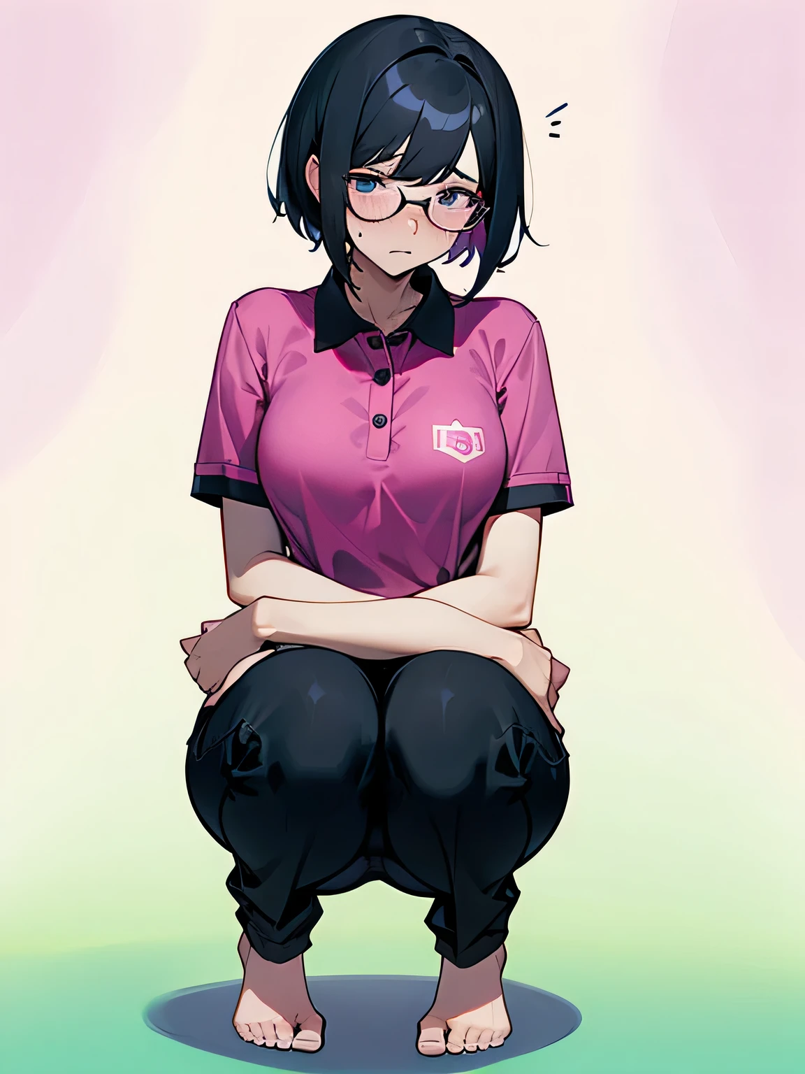 short hair, pubic hair, nice breasts, embarrassed, shy, worried, black hair, short sleeves, arm, in the hospital, no panties, magenta polo shirt, no bra, naked, no shoes, glasses, black pants, squatting, peeing