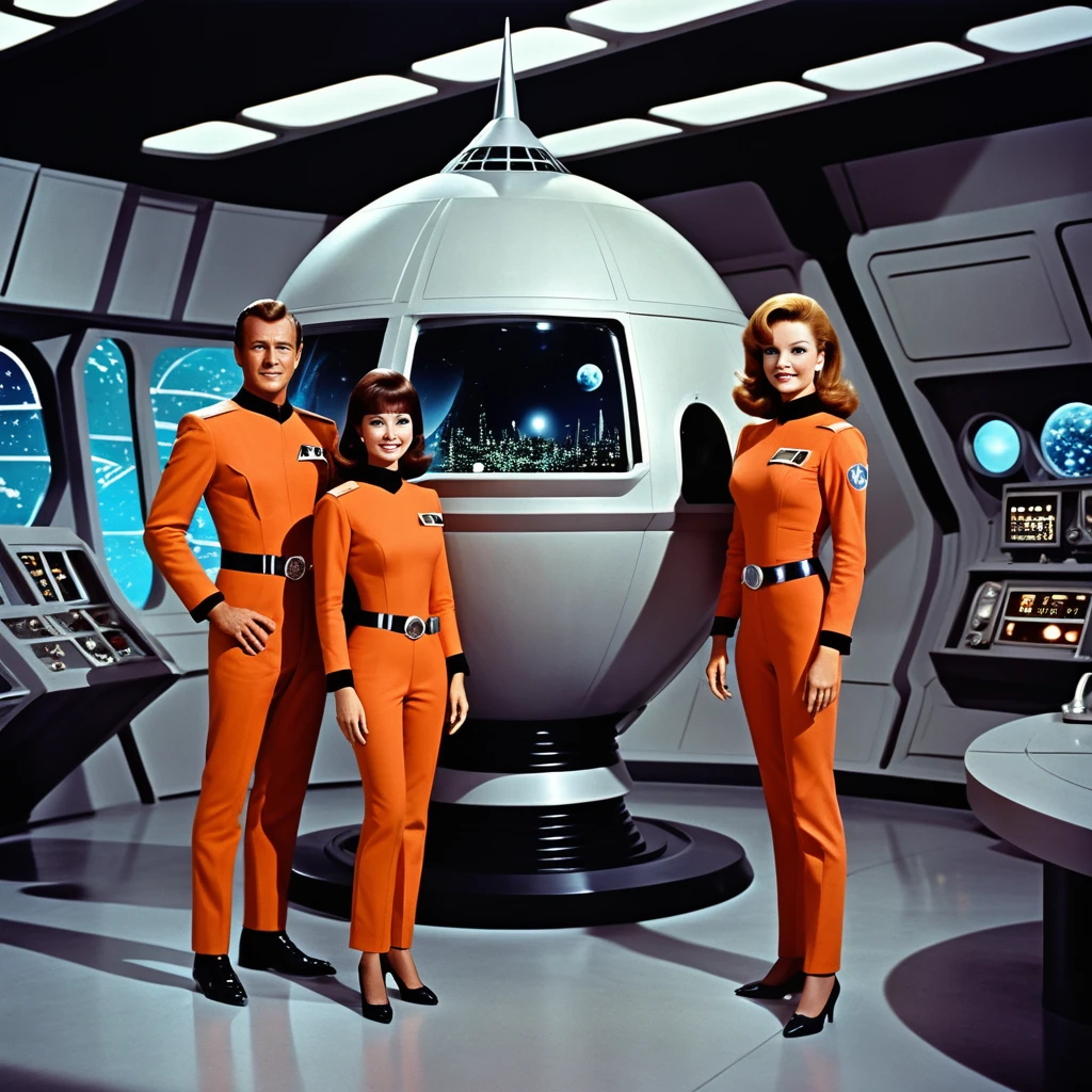 (((external image of starship and cres))), external image of an old starship from a 1960s TV series has landed, Lost in Space, Republic series, Irwin Allen TV show, science fiction, Lost style uniforms in Space, image programs full body figures, miniskirt, (((multiethnic team))), retro look, Vintage, old style, perfect faces like 1960s actors, ((perfect faces)), large indoor set and very colorful, ((perfect faces) ), Crew, highlighted faces, alien, There is a ((((robot))) in the scene, science fiction, TV studio lighting, old image, TV series style, ( ((indoors))), 16k, still film, ((cinematic)), full body, sci-fi, realistic, (intricate details: 1.1), retro art style, extremely realistic, 1960s photography, futuristic background science fiction city, helmet, (extremely detailed: 1.3), Forbidden Planet,