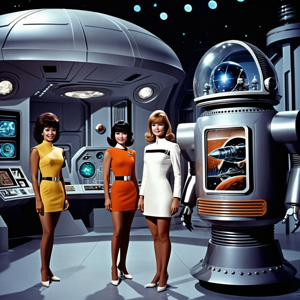 (((external image of starship and cres))), external image of an old starship from a 1960s TV series has landed, Lost in Space, Republic series, Irwin Allen TV show, science fiction, Lost style uniforms in Space, image programs full body figures, miniskirt, (((multiethnic team))), retro look, Vintage, old style, perfect faces like 1960s actors, ((perfect faces)), large indoor set and very colorful, ((perfect faces) ), Crew, highlighted faces, alien, There is a ((((robot))) in the scene, science fiction, TV studio lighting, old image, TV series style, ( ((indoors))), 16k, still film, ((cinematic)), full body, sci-fi, realistic, (intricate details: 1.1), retro art style, extremely realistic, 1960s photography, futuristic background science fiction city, helmet, (extremely detailed: 1.3), Forbidden Planet,
