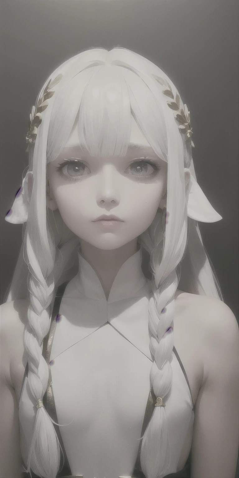 best quality, masterpiece,white hair, gold eyes,white clothes, looking up, upper body,hair strand,Fair skin,side braids