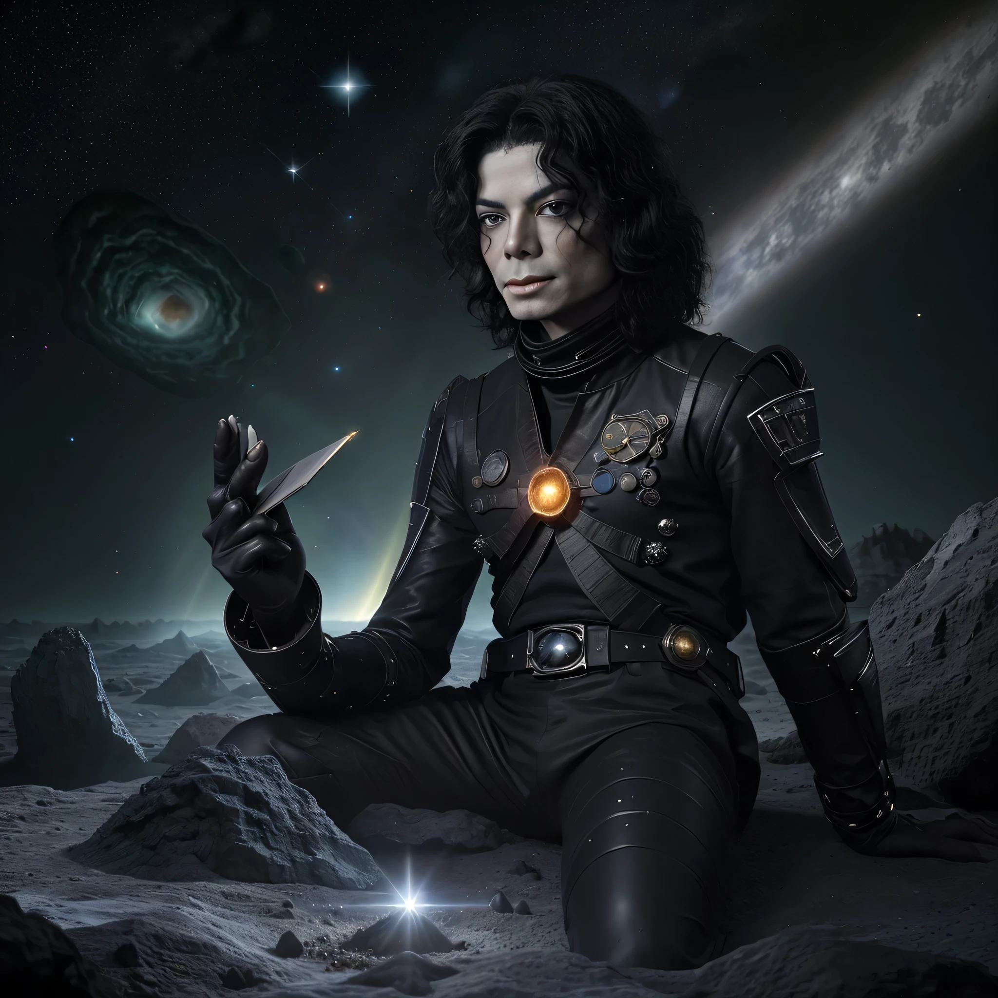 Desenhe o Michael Jackson, sitting on a research platform floating in the middle of an asteroid belt. He is studying with a notebook, surrounded by several asteroids glowing with fiery auras. Dramatic lighting from distant stars and planets illuminates the scene, casting deep shadows on the costume. O jovem parece confiante e determinado, looking at the vast and mysterious universe with awe and respect,Facial hair, tiro de vaqueiro,